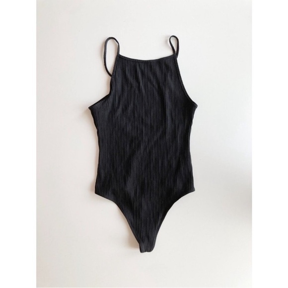 Aritzia WILFRED Annecy Black Ribbed Square Neck Thong Bodysuit, Size M - Picture 1 of 15